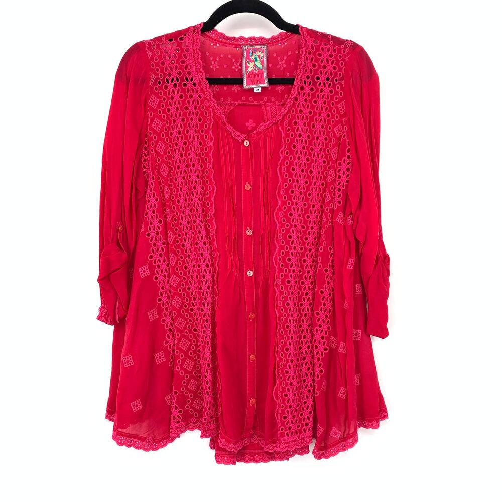Johnny Was 3/4 Sleeve Red Pink Embroidered Eyelet Blouse Womens M Button Front